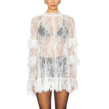 hirigin Women Lace Sheer Dress Sexy See Through Mesh Long Sleeve High Neck Floral Cover Up Cocktail Party Mini Dresses - Image 3