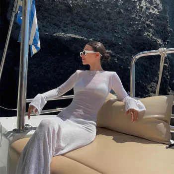 Fashion Women Wrapped Dress Long Sleeve Round Neck See Through Sunscreen Solid Color Backless Beach Long Dress Summer Cover Up - Image 6