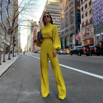 Wide Leg Pant Jumpsuit Women Fashion Stand Neck Lantern Sleeve Rompers Autumn Winter Casual High Waist Jumpsuits Black - Image 7