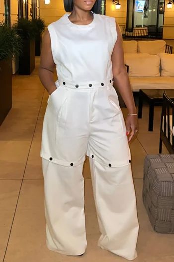 Plus Size Casual Pant Set White Round Neck Detachable Two Piece Pant Set With Pocket - Image 2