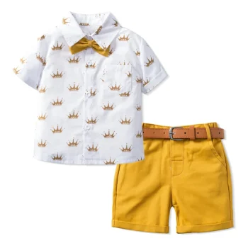 Kids Boys Clothes Sets Gentleman Suit Short Sleeve Shirt Bowtie+Shoulder Strap+Shorts Pants Baby Children Formal School Outfits - Image 4
