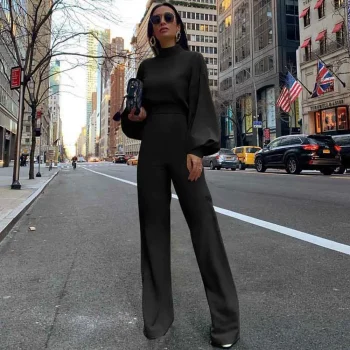 Wide Leg Pant Jumpsuit Women Fashion Stand Neck Lantern Sleeve Rompers Autumn Winter Casual High Waist Jumpsuits Black - Image 3
