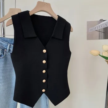 1pcs Vest French Temperament V-neck Single Breasted Sleeveless Slim Knitted Vest For Women - Image 5