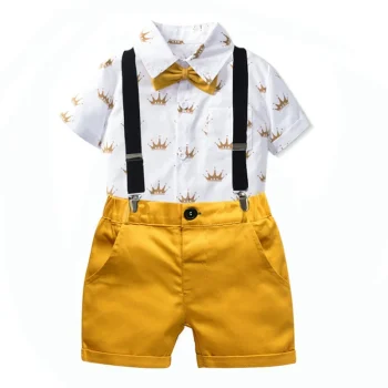 Kids Boys Clothes Sets Gentleman Suit Short Sleeve Shirt Bowtie+Shoulder Strap+Shorts Pants Baby Children Formal School Outfits - Image 3