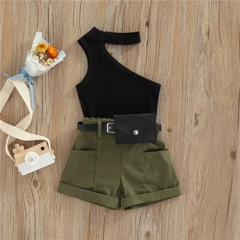 1-5 Years Infant Girl Casual Set Tanks Tops + Shorts + Waist Bag Pockets Decoration Casual Style Girls Summer Clothing Set - Image 2