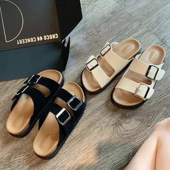 Women's Retro Thick-Soled Double-Buckle Strap Boken Flip-Flops Summer 2025 Simple External W Slippers - Image 6