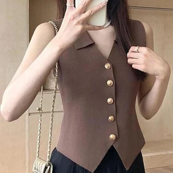 1pcs Vest French Temperament V-neck Single Breasted Sleeveless Slim Knitted Vest For Women - Image 13