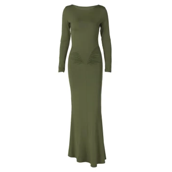 Sexy Wrap Buttocks Dresses Women O Neck Dress Long Sleeve Sheath Slim Fit Solid Spliced Pullover Folds Floor Length 2025 - Image 5