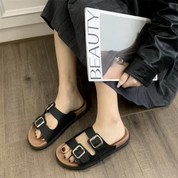 Women's Retro Thick-Soled Double-Buckle Strap Boken Flip-Flops Summer 2025 Simple External W Slippers - Image 4