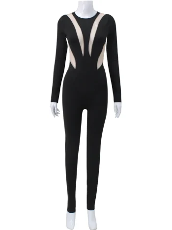 Fashion High Street Mesh Patchwork Jumpsuits Woman Rompers Casual Sexy O-Neck Long Sleeve Skinny Tops Jumpsuit Women Overalls - Image 6