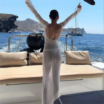 Fashion Women Wrapped Dress Long Sleeve Round Neck See Through Sunscreen Solid Color Backless Beach Long Dress Summer Cover Up - Image 4