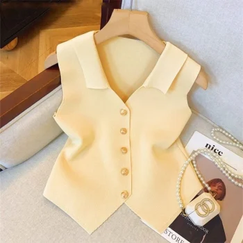 1pcs Vest French Temperament V-neck Single Breasted Sleeveless Slim Knitted Vest For Women - Image 2