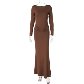 Sexy Wrap Buttocks Dresses Women O Neck Dress Long Sleeve Sheath Slim Fit Solid Spliced Pullover Folds Floor Length 2025 - Image 9