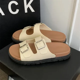 Women's Retro Thick-Soled Double-Buckle Strap Boken Flip-Flops Summer 2025 Simple External W Slippers