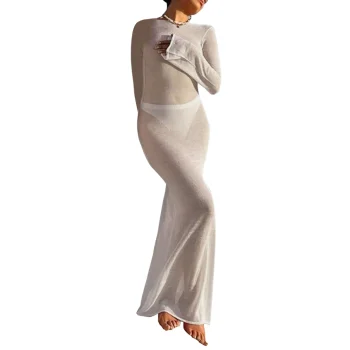 Fashion Women Wrapped Dress Long Sleeve Round Neck See Through Sunscreen Solid Color Backless Beach Long Dress Summer Cover Up - Image 8