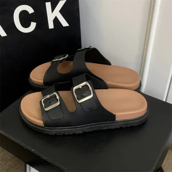 Women's Retro Thick-Soled Double-Buckle Strap Boken Flip-Flops Summer 2025 Simple External W Slippers - Image 5