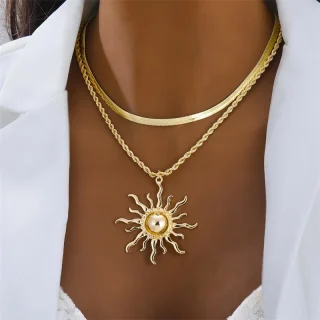 Exaggerated Big Sun Pendant Necklace for Women Trendy Double Layer Snake Bone Chain Necklace Summer Jewelry Accessories