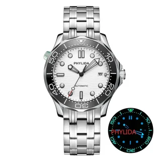 PHYLIDA 40mm White Dial JAPAN MIYOTA Automatic Watch Style Sapphire Crystal Lume Bezel Solid Bracelet 200M Water Resistant