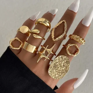 10Pcs/Set Fashion Metal Lava Lines Star Rings Set For Women Exaggerated Gold Color Geometric Smooth Chunky Ring Jewelry