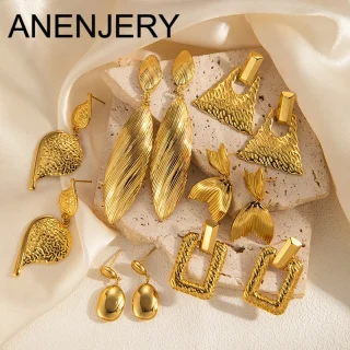 ANENJERY 316L Stainless Steel Geometric Texture Square Water Drop Leaf Fan Heart Earrings Women's Earrings Versatile Jewelry