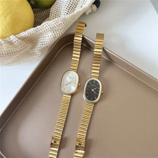 Metal Linked Watch with Oval Dial Compact Korean Women's Watch Bamboo Strap Watch Pointer Style Women's Watch Quartz Watch Gift