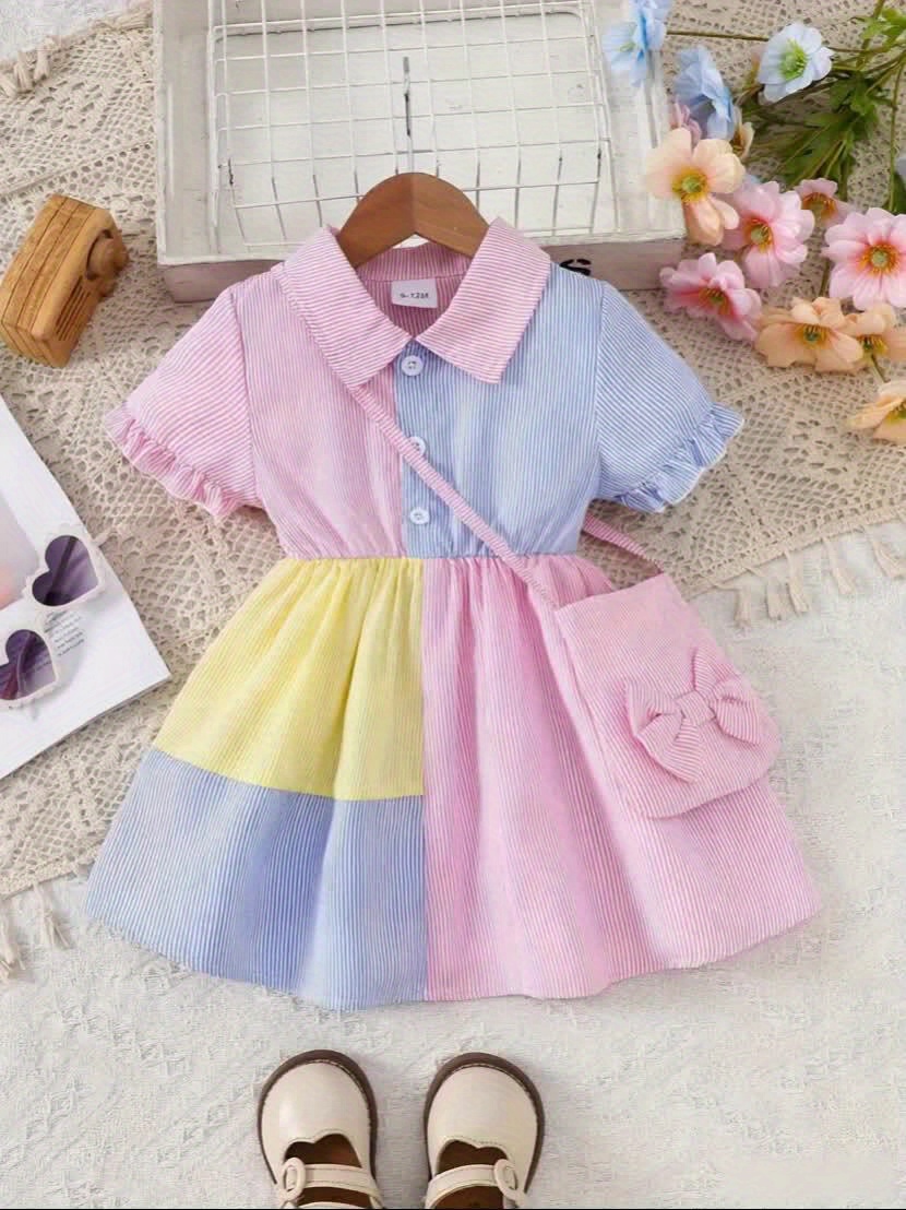 A Cute And Loose Summer Dress for Baby Girls Featuring Colorful Stripes And a Contrasting Design, Paired with a Bow Bag, Perfect for Vacation Relaxation And Everyday Wear – Image 11
