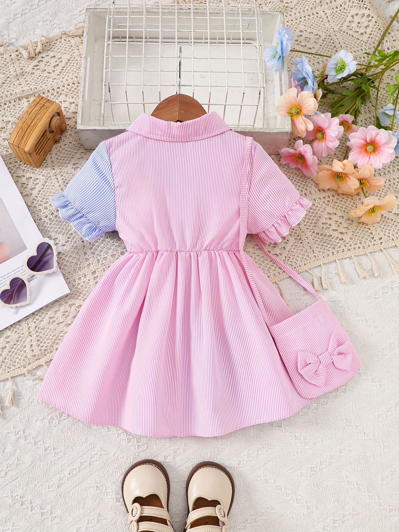 A Cute And Loose Summer Dress for Baby Girls Featuring Colorful Stripes And a Contrasting Design, Paired with a Bow Bag, Perfect for Vacation Relaxation And Everyday Wear – Image 6