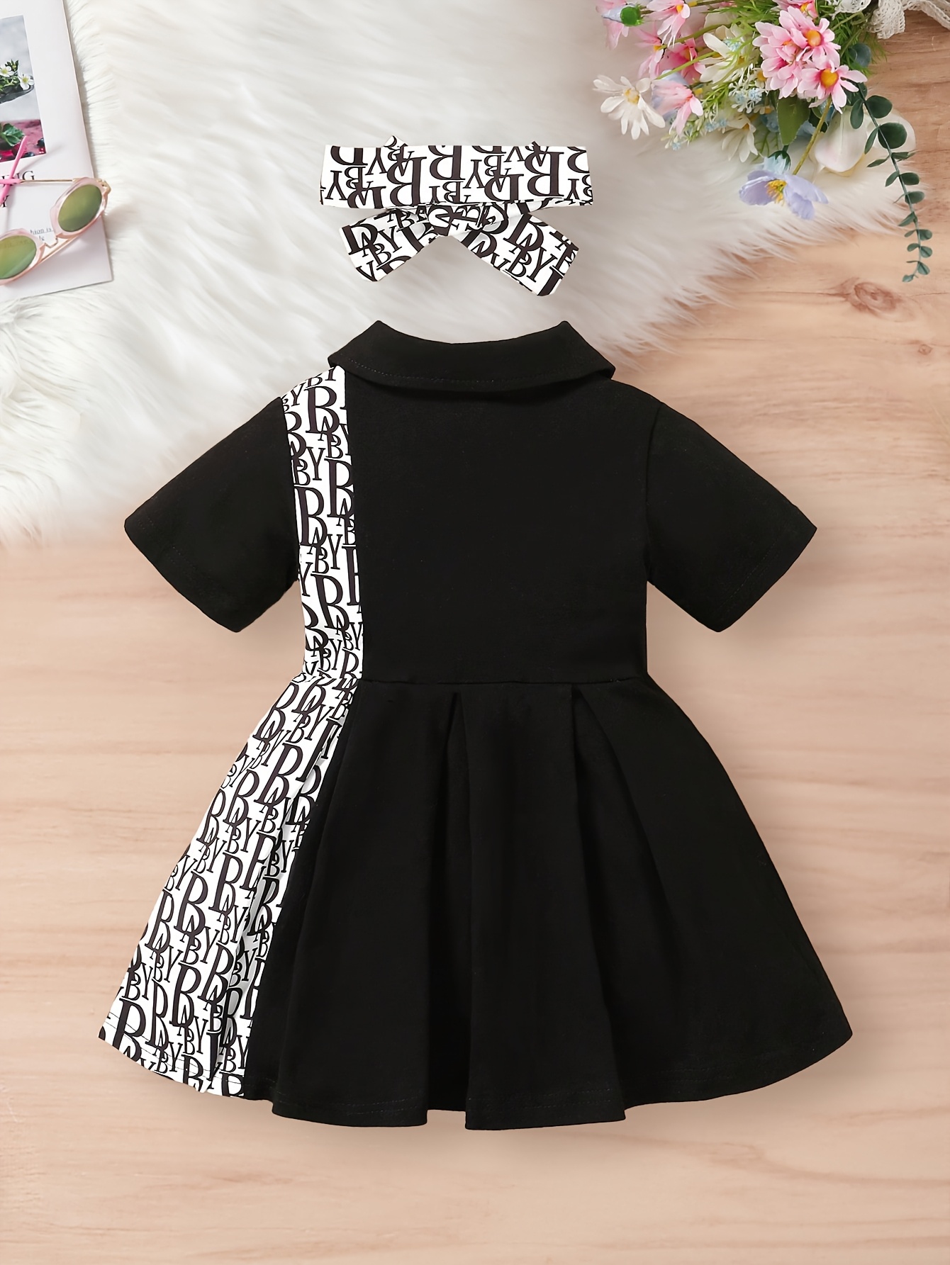Summer Short-Sleeve Pleated Dress for Baby Girls with Letter Print, Suitable for Outings, Sold As a Single Piece – Image 2