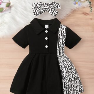 Summer Short-Sleeve Pleated Dress for Baby Girls with Letter Print, Suitable for Outings, Sold As a Single Piece