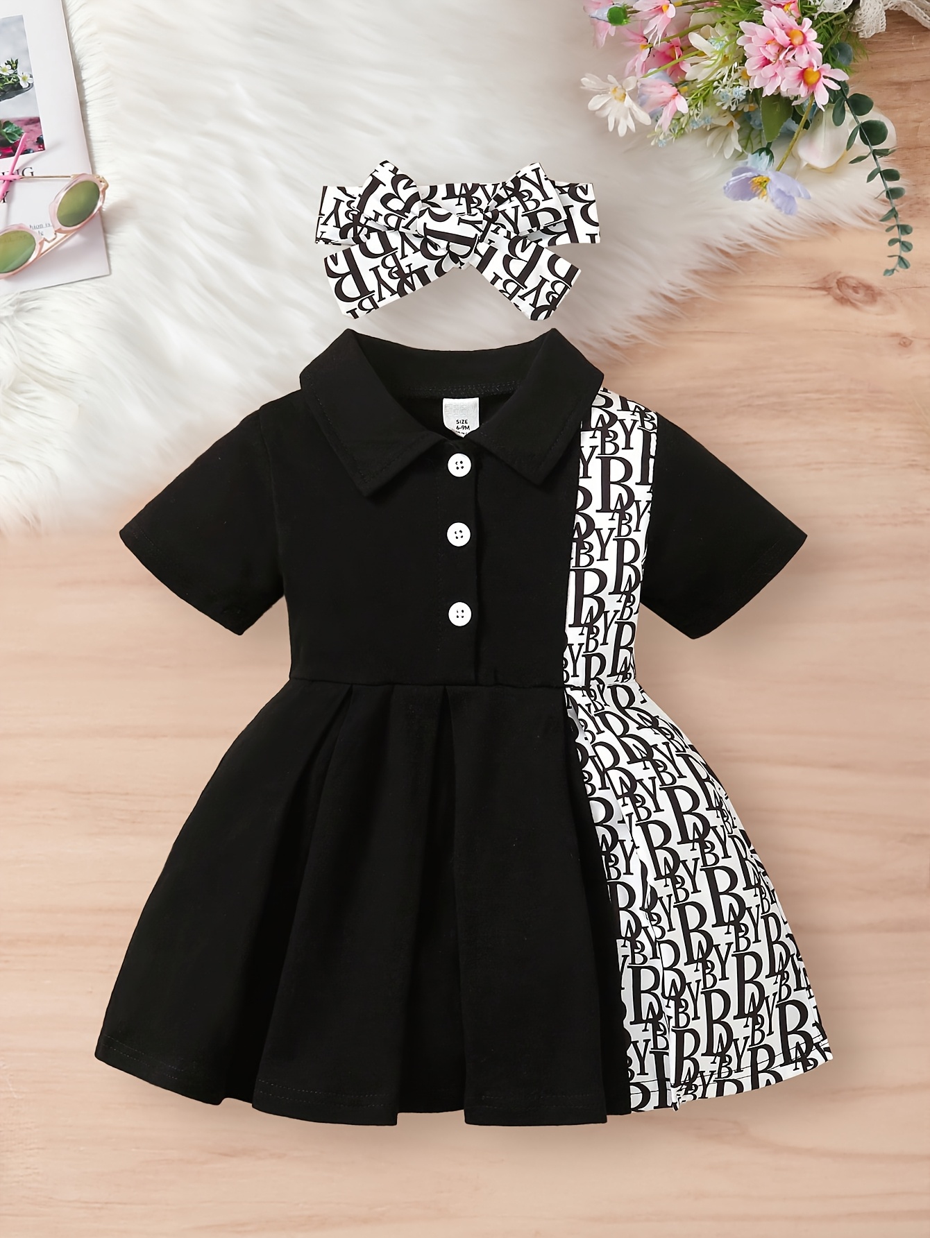 Summer Short-Sleeve Pleated Dress for Baby Girls with Letter Print, Suitable for Outings, Sold As a Single Piece