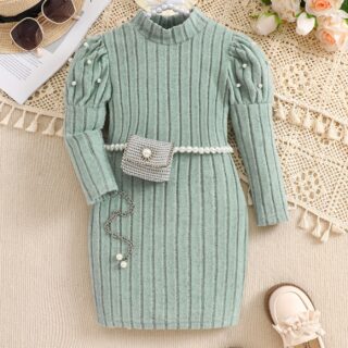 A Long-Sleeved Bubble Sleeve Knitted Dress for Girls, Without a Waist Bag, Casual And Comfortable, Stylish And Elegant, Suitable for Autumn And Winter