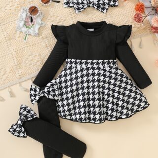 3pcs Houndstooth Baby Dress with Headband & Socks - Long Sleeve Houndsmatch Outfit, Newborn Dress for Photoshoots, Christenings, Casual Attire, Machine Washable (Spring/Autumn) - 3pcs Ensemble