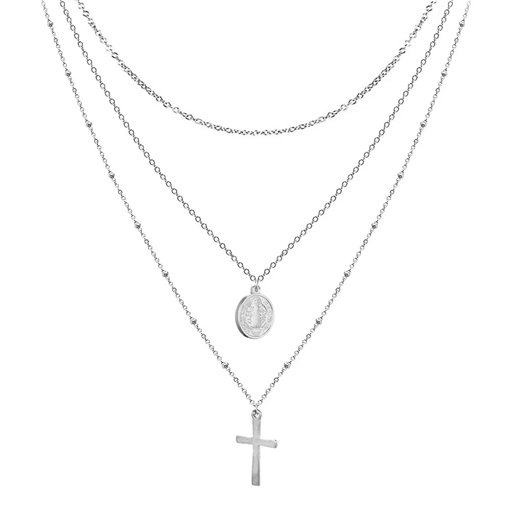 Catholic Church Jesus Necklaces Stainless Steel Multi Layered Cross Choker Necklace For Women New Religious Christian Jewelry – Image 6