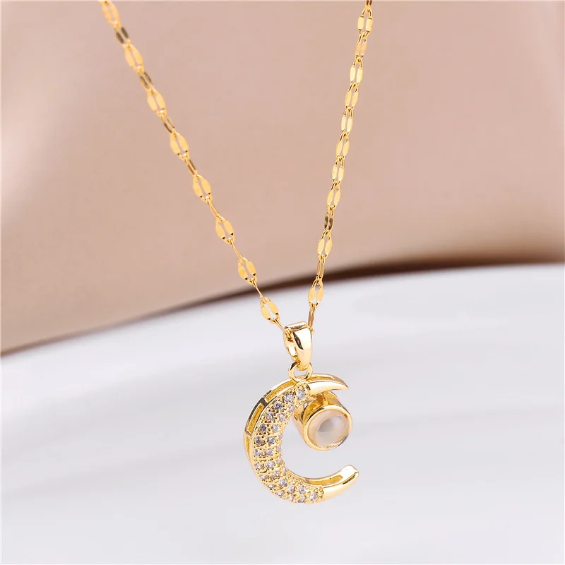 Korean Fashion Cute Crystal Moon Pendant Necklace For Women Romantic Female Stainless Steel Clavicle Chain Jewelry