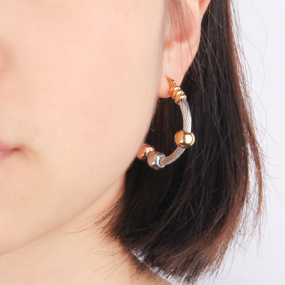 Fashion Korean Gold Color Big Hoop Earrings With Three Beads Round Circle Stainless Steel Earrings For Women Trendy Hiphop Rock – Image 2