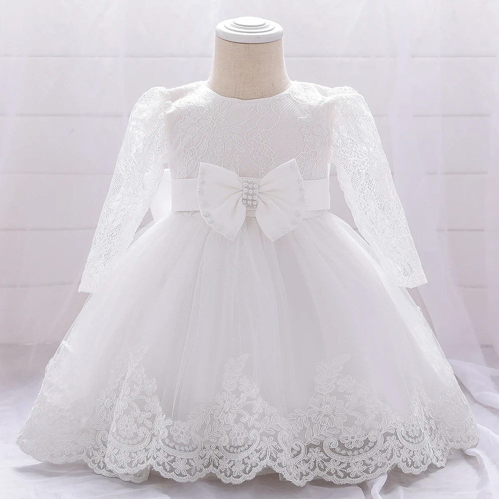 Long Sleeve Baby Girls Dress Newborn White Baptism Tulle Party Wedding 1st Birthday Princess Dresses Infant Girls Bow Prom Gown – Image 27