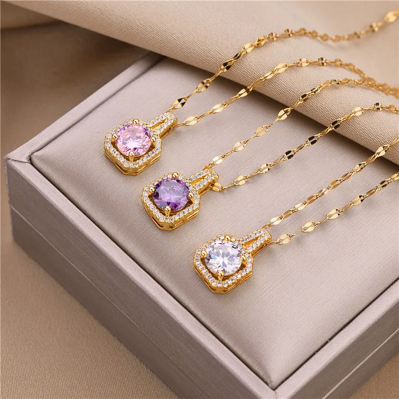 Korean Style Fashion Square Zircon Stainless Steel Necklaces For Women Luxury Elegant Female Clavicle Chain Jewelry Wholesale