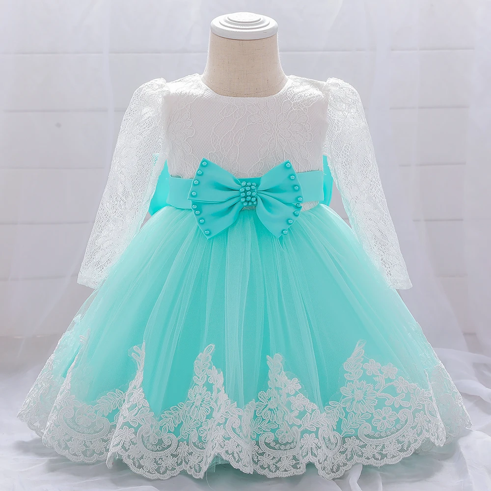 Long Sleeve Baby Girls Dress Newborn White Baptism Tulle Party Wedding 1st Birthday Princess Dresses Infant Girls Bow Prom Gown – Image 5