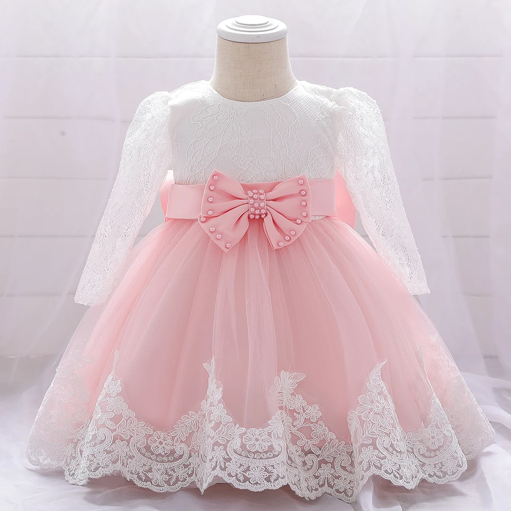 Long Sleeve Baby Girls Dress Newborn White Baptism Tulle Party Wedding 1st Birthday Princess Dresses Infant Girls Bow Prom Gown – Image 33
