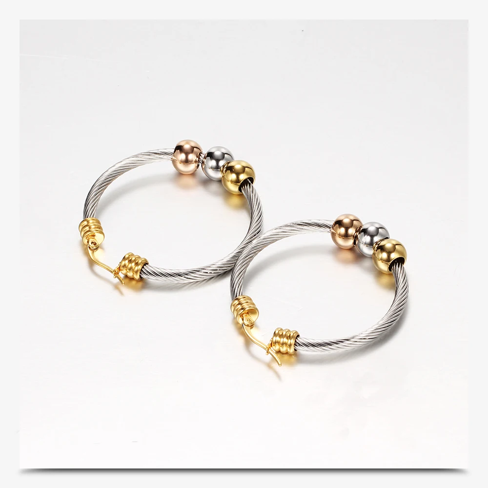 Fashion Korean Gold Color Big Hoop Earrings With Three Beads Round Circle Stainless Steel Earrings For Women Trendy Hiphop Rock – Image 17