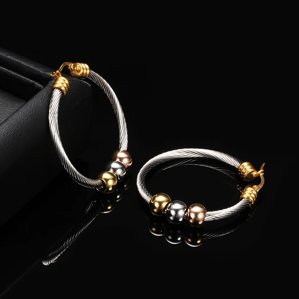Fashion Korean Gold Color Big Hoop Earrings With Three Beads Round Circle Stainless Steel Earrings For Women Trendy Hiphop Rock – Image 5