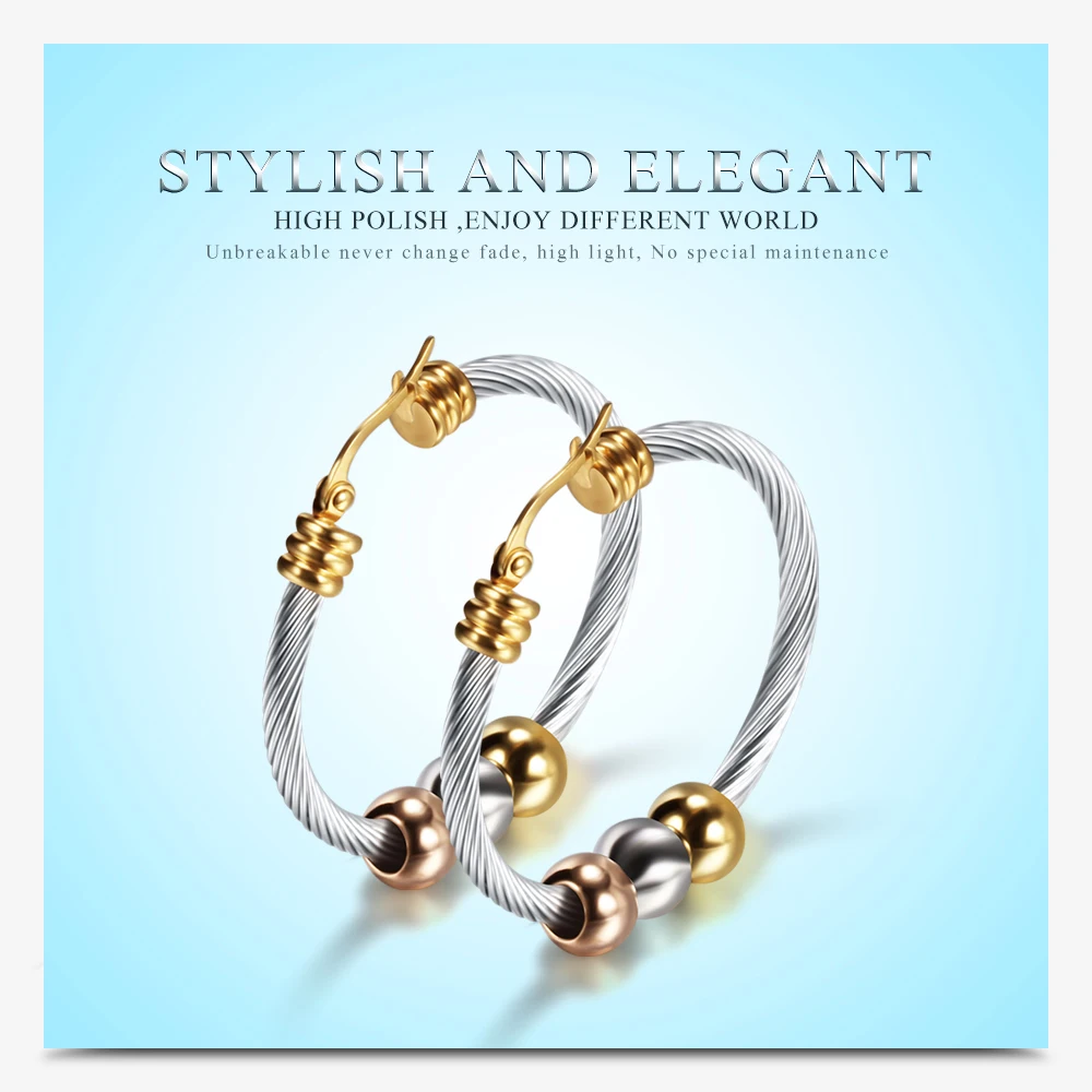 Fashion Korean Gold Color Big Hoop Earrings With Three Beads Round Circle Stainless Steel Earrings For Women Trendy Hiphop Rock – Image 13