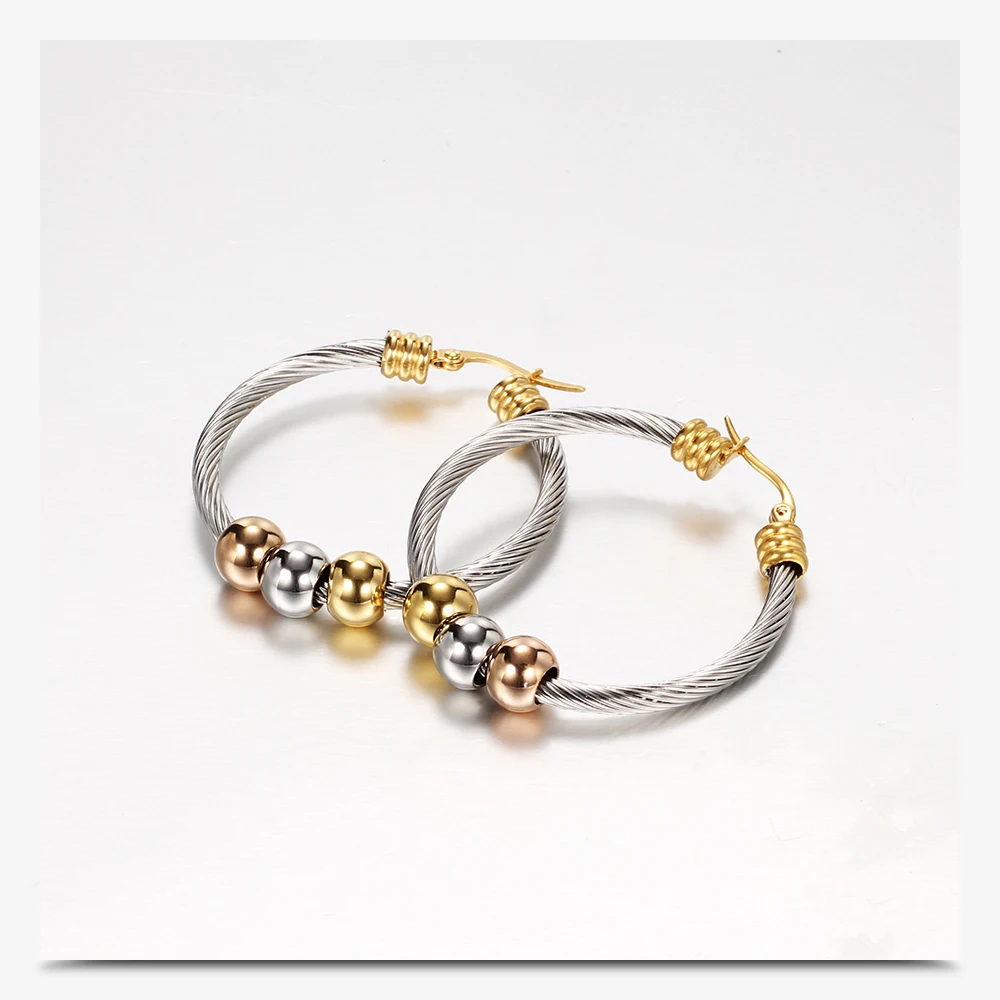 Fashion Korean Gold Color Big Hoop Earrings With Three Beads Round Circle Stainless Steel Earrings For Women Trendy Hiphop Rock – Image 16