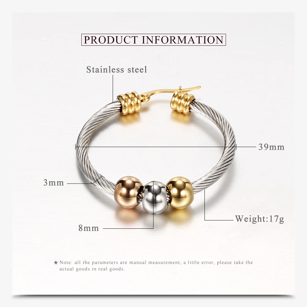 Fashion Korean Gold Color Big Hoop Earrings With Three Beads Round Circle Stainless Steel Earrings For Women Trendy Hiphop Rock – Image 11
