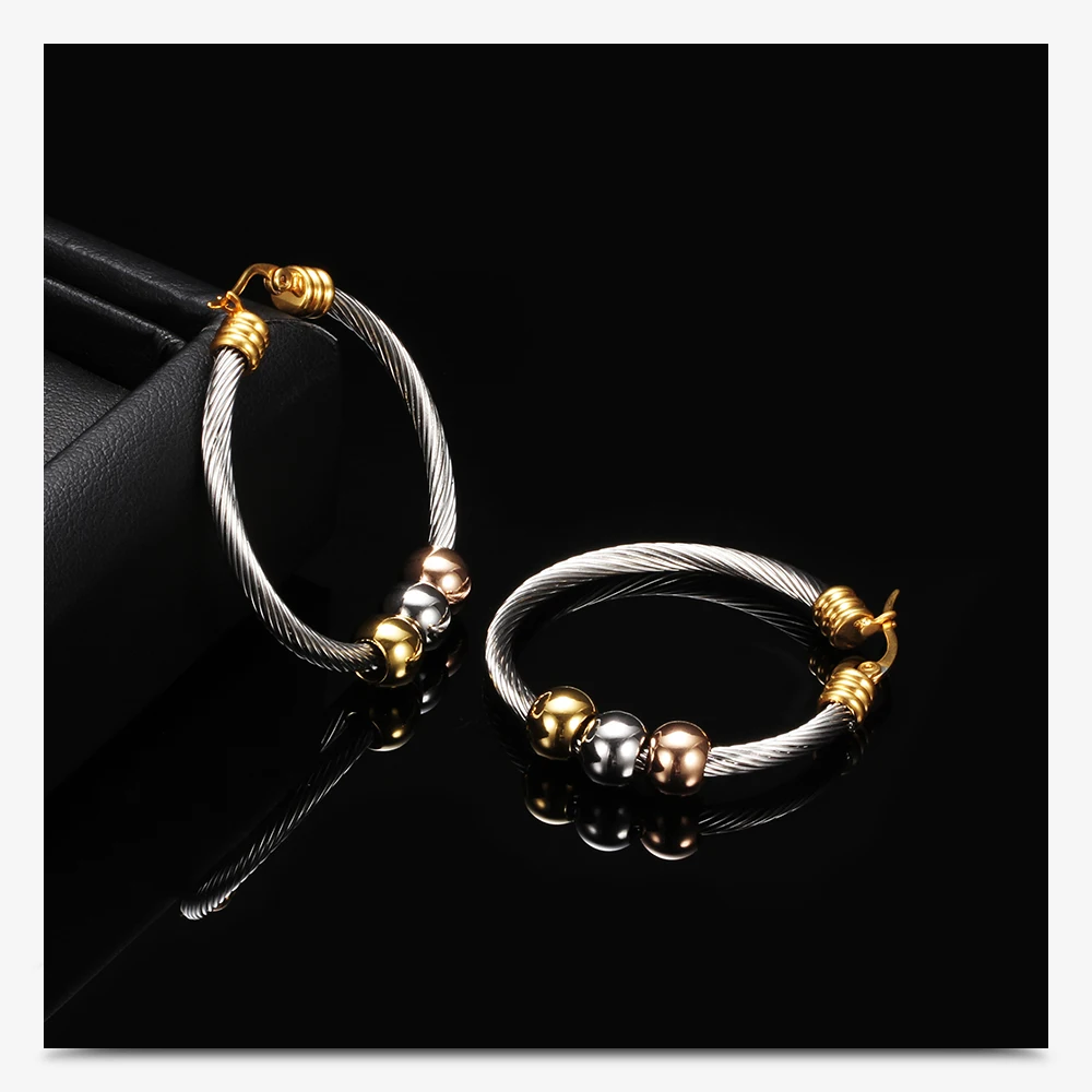 Fashion Korean Gold Color Big Hoop Earrings With Three Beads Round Circle Stainless Steel Earrings For Women Trendy Hiphop Rock – Image 18