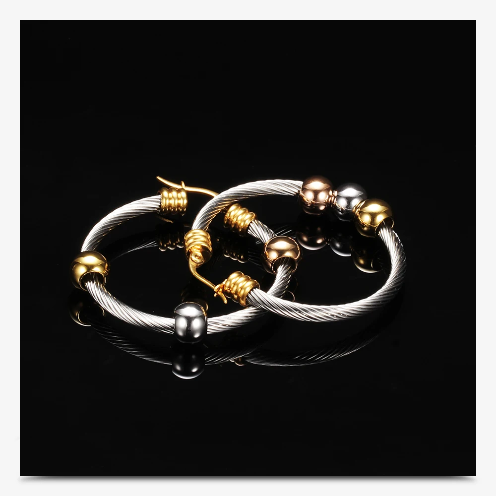 Fashion Korean Gold Color Big Hoop Earrings With Three Beads Round Circle Stainless Steel Earrings For Women Trendy Hiphop Rock – Image 21