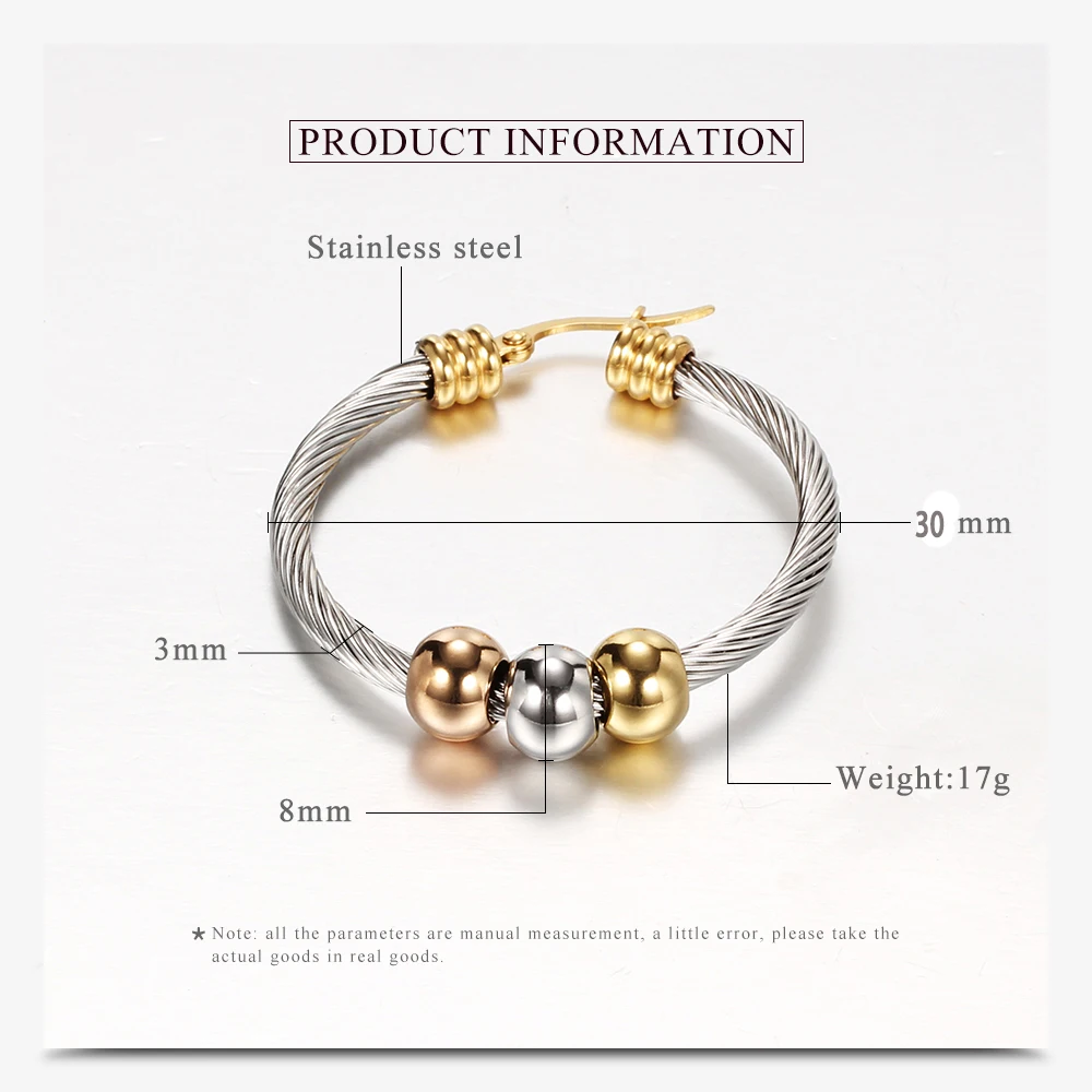 Fashion Korean Gold Color Big Hoop Earrings With Three Beads Round Circle Stainless Steel Earrings For Women Trendy Hiphop Rock – Image 3