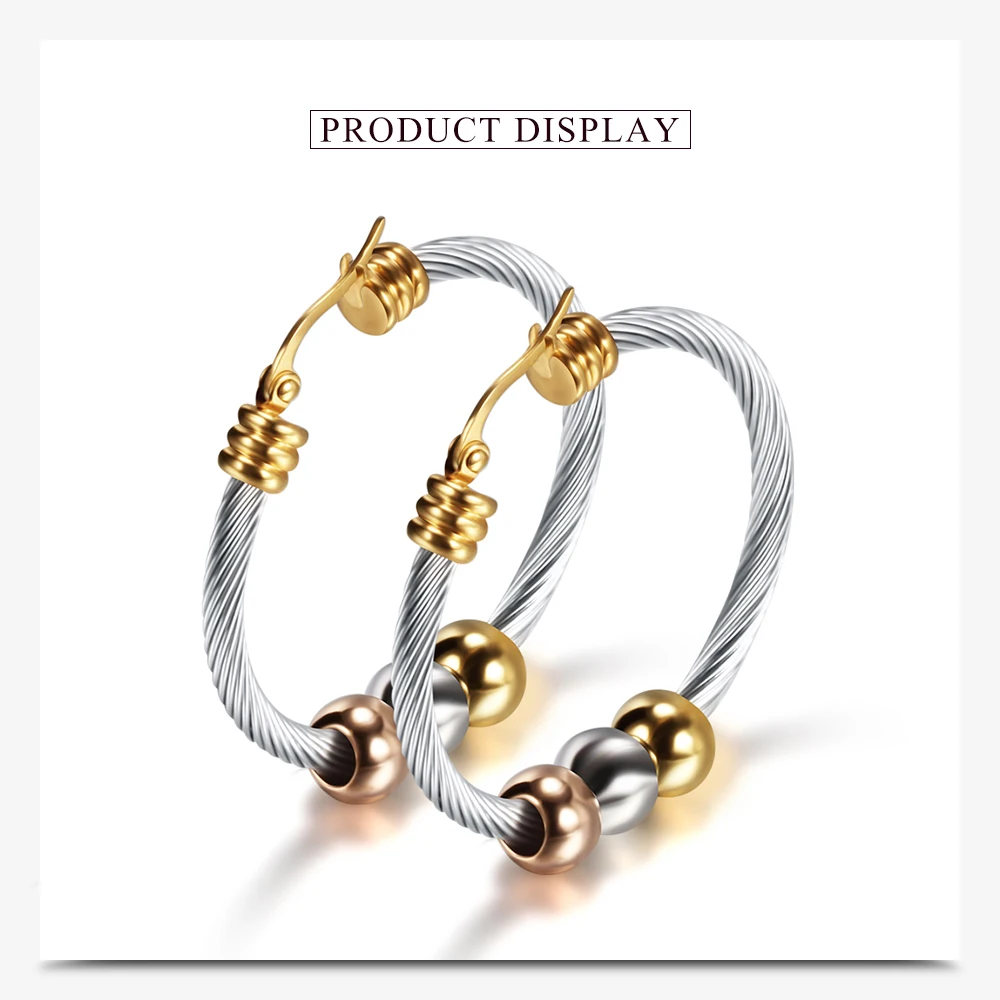 Fashion Korean Gold Color Big Hoop Earrings With Three Beads Round Circle Stainless Steel Earrings For Women Trendy Hiphop Rock – Image 15