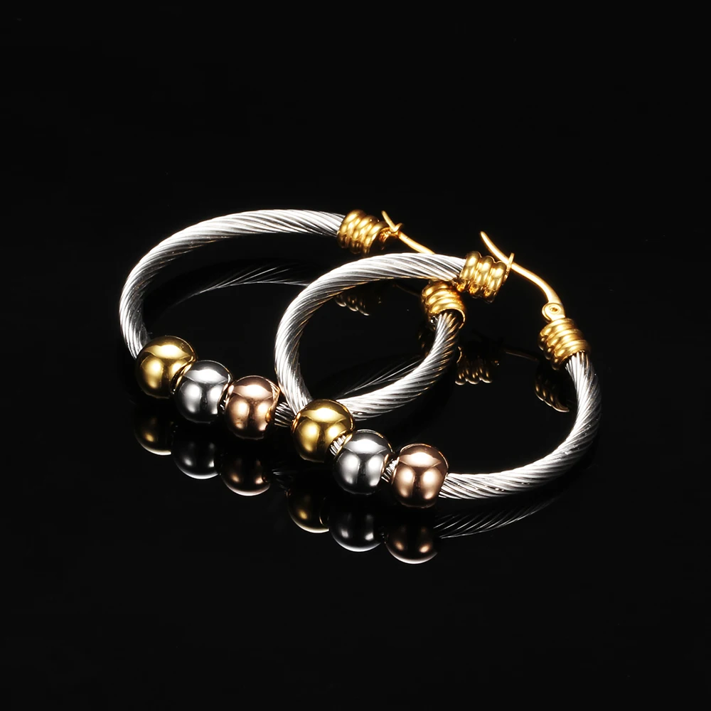 Fashion Korean Gold Color Big Hoop Earrings With Three Beads Round Circle Stainless Steel Earrings For Women Trendy Hiphop Rock – Image 4