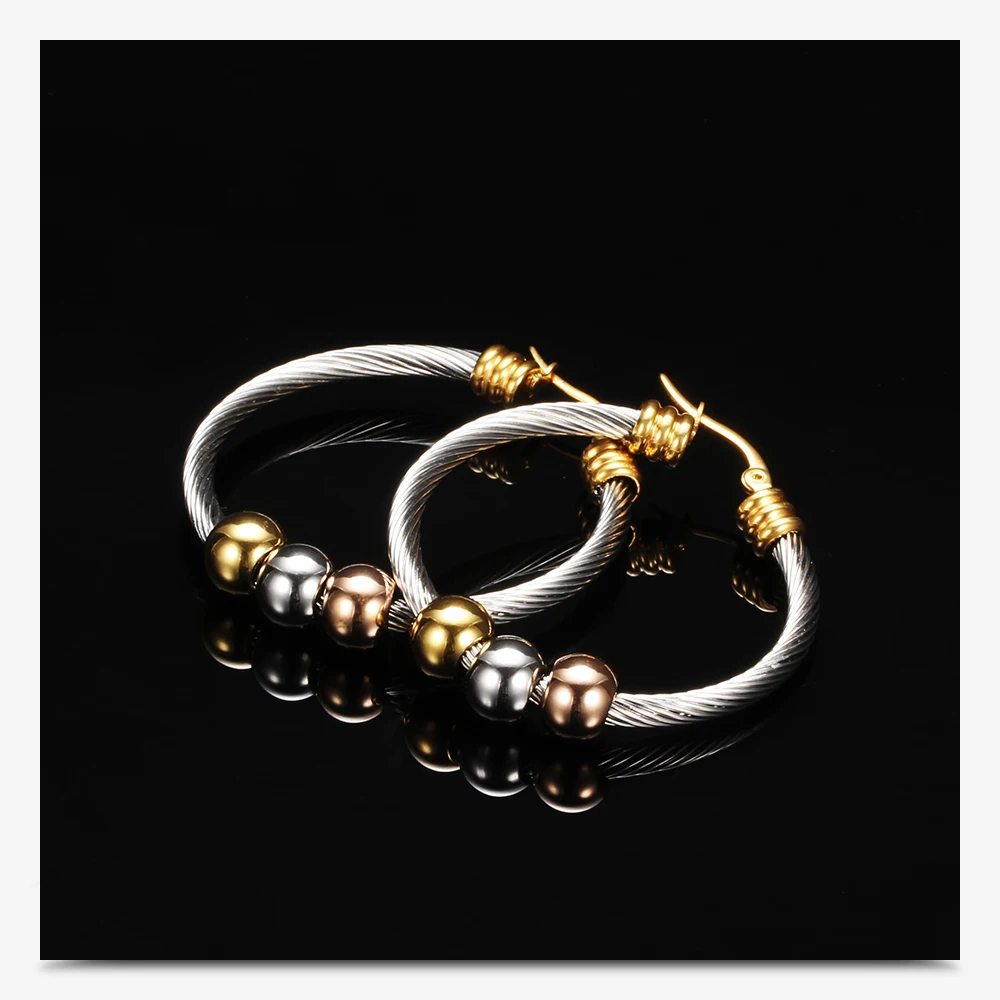 Fashion Korean Gold Color Big Hoop Earrings With Three Beads Round Circle Stainless Steel Earrings For Women Trendy Hiphop Rock – Image 20